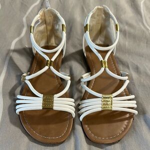 Montego Bay Club White and Brown Strappy Gladiator Sandals with Gold Accents